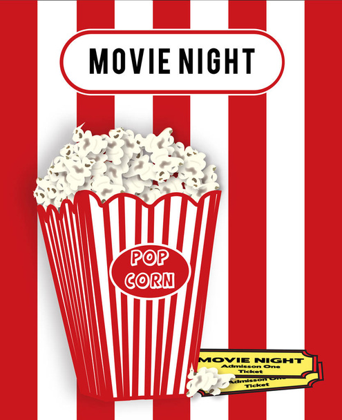 Graphic illustration of carton of popcorn isolated on redand white striped background with movie tickets alongside of them.   Concept:  Movie Night - Photo, Image