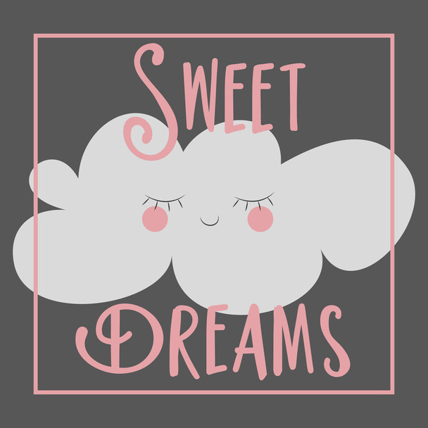 Όνειρα γλυκά, καλλιγραφία με χαριτωμένο σύννεφο. Παιδικό δωμάτιο διακόσμηση φυτώρια εκτυπώσεις, τέχνη τοίχου, και αφίσα. - Διάνυσμα, εικόνα