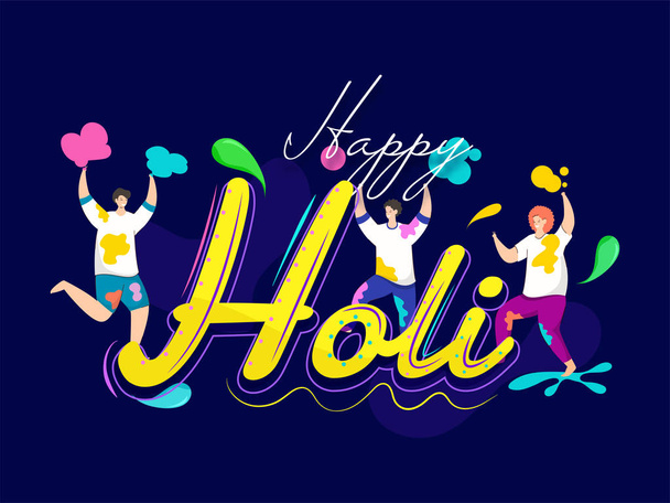Happy Holi Czcionka with Young Boys Playing with Colors on Blue Background. - Wektor, obraz