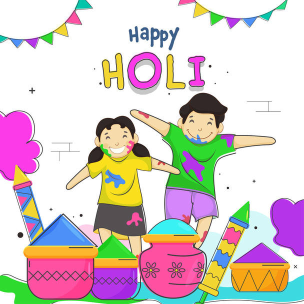 Fondo de celebración de Holi feliz con niños de dibujos animados disfrutando, pistola de agua (Pichkari), cuencos de color y olla de barro sobre fondo blanco
. - Vector, Imagen
