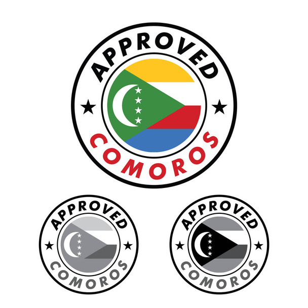 Selo do vetor do logotipo aprovado com bandeira das Comores na forma redonda no centro
 - Vetor, Imagem