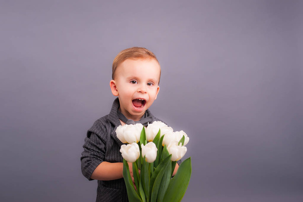 A little gentleman with a bouquet of tulips in the Studio on a gray background in honor of the women's holiday on March 8 and a greeting card in the form of all mothers, grandmothers, girls, girls - Photo, Image