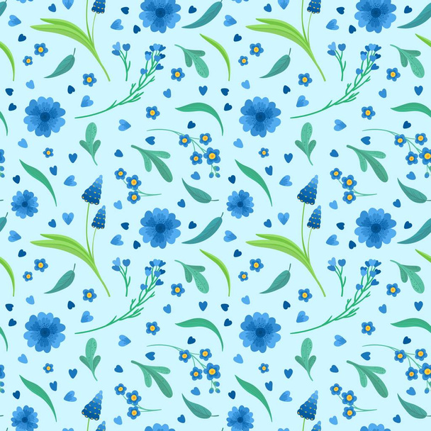 Blue flowers blossoms flat vector retro seamless pattern.  Abstract wildflowers on  light blue background. Daisy and cornflower decorative background. Blooming meadow wildflowers. Vintage textile, fabric, wallpaper design - Vector, afbeelding