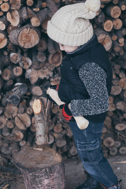 One little boy chopping firewood in the front yard at the day time. Kid having fun outdoors. Concept happy lifestyle. - Foto, Imagen