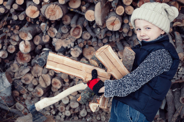 One little boy chopping firewood in the front yard at the day time. Kid having fun outdoors. Concept happy lifestyle. - Foto, Imagem