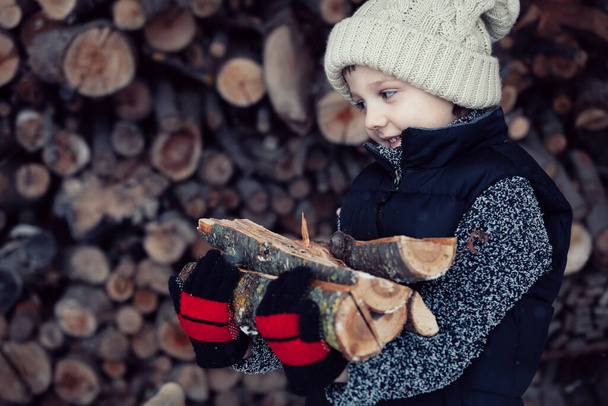 One little boy chopping firewood in the front yard at the day time. Kid having fun outdoors. Concept happy lifestyle. - Фото, изображение