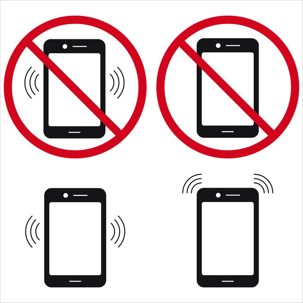 No cell phone, do not use phone, ring phone sign set flat design icon isolated on white background. Vector illustration. Simple black sign in a red crossed out circle. Phone control symbol. - Vector, Image