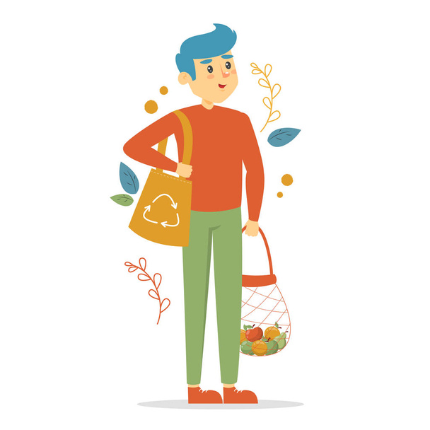 Ecology friendly man vector isolated. Male person with eco bag walking from the shop. Say no to plastic. - Vector, Image