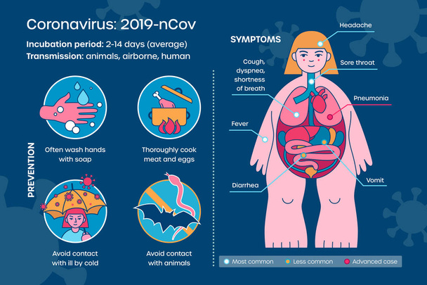 症状の中国のコロナウイルスのインフォグラフィック,伝送,予防のヒント.人体地図上のCovid-19 。武漢Cov要素のベクトルテンプレート。平面形式のレイアウト - ベクター画像