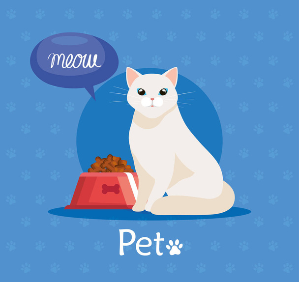 lindo gato con plato comida en fondo de pawprints
 - Vector, Imagen