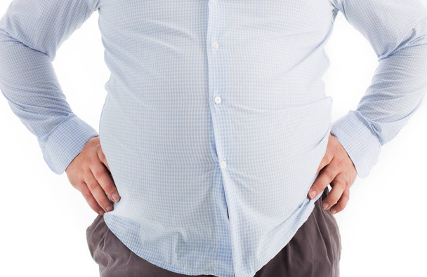 Gordo homem com uma barriga grande isolado no fundo branco
 - Foto, Imagem