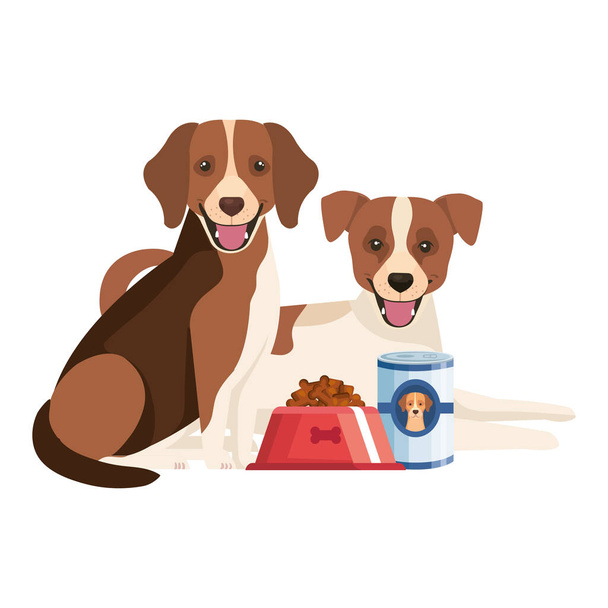 cute dogs with dish and can food isolated icon - Wektor, obraz