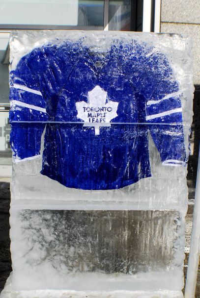 MONTREAL CANADA - JANUARI 24: Toronto Maple Leafs trui in een ijsblok voor het Molson centrum van Montreal Canadezen voor de 57e All stars game op 24 januari 2009 in Montreal Canada  - Foto, afbeelding