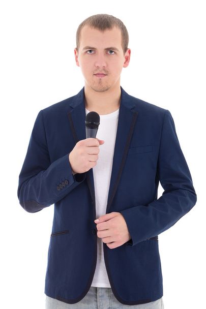 young man in suit with microphone isolated on white - Photo, Image