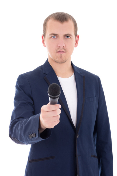 news reporter journalist interviews a person holding up the micr - Φωτογραφία, εικόνα