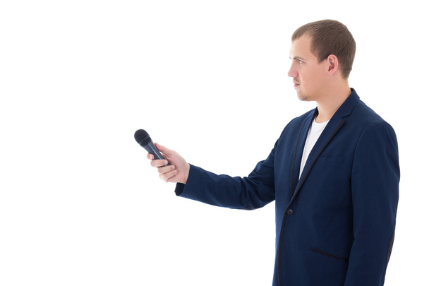 professional reporter holding a microphone isolated on white bac - Valokuva, kuva