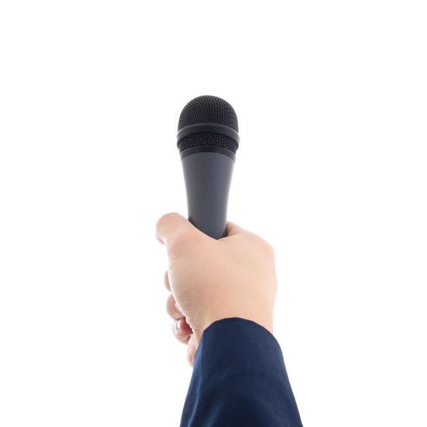 ręka trzymająca mikrofon odizolowany na białym - Zdjęcie, obraz