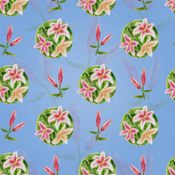 Seamless floral pattern with lilies on a blue background - Foto, immagini