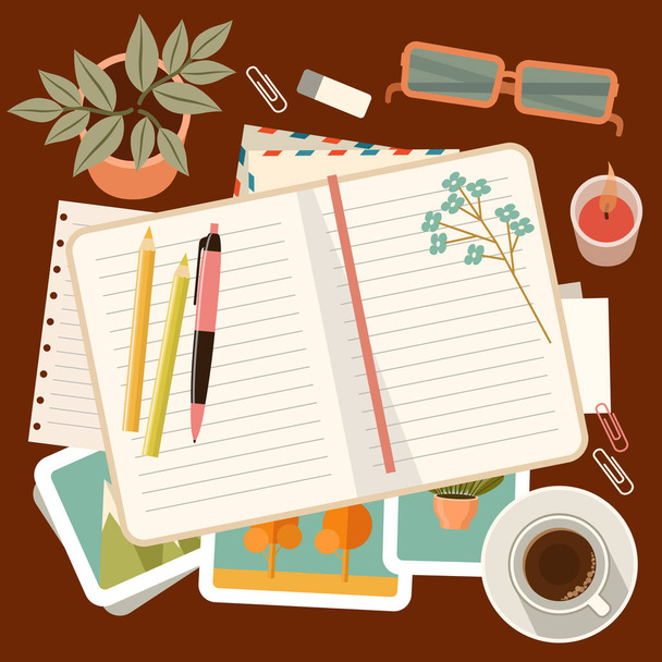 Workplace with a personal diary. Personal planning and organization. Vector flat illustration - Вектор, зображення