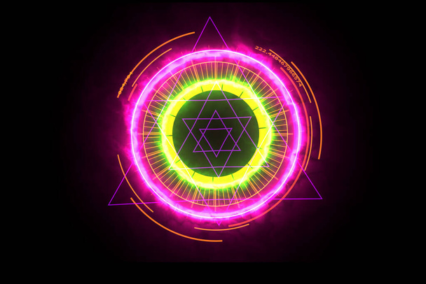 Digitale meter energie roze krachtig rond en magie paars zes sterren in de kern - Foto, afbeelding