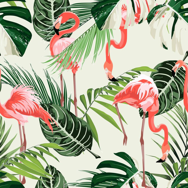 Vaaleanpunainen flamingo ja eksoottisia protea kukkia. Kukka saumaton kuvio. Trooppinen kuvitus. Eksoottisia kasveja, lintuja. Kesärannan suunnittelu. Paratiisin luonne
. - Vektori, kuva