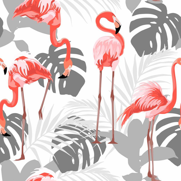 Pink flamingo, grey graphic palm leaves, white background. Floral seamless pattern. Tropical illustration. Exotic plants, birds. Summer beach design. Paradise nature. - Vector, Imagen
