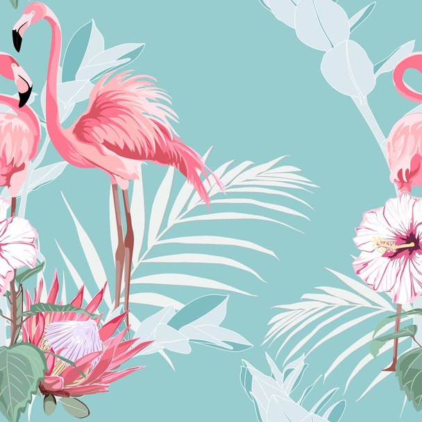 Pink flamingo, graphic palm leaves and hibiscus flowers, blue background. Floral seamless pattern. Tropical illustration. Exotic plants, birds. Summer beach design. Paradise nature. - Vector, Image