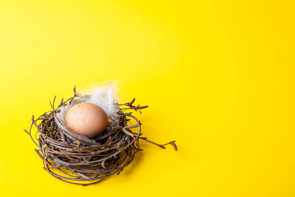 Easter egg in nest on yellow background - Fotó, kép