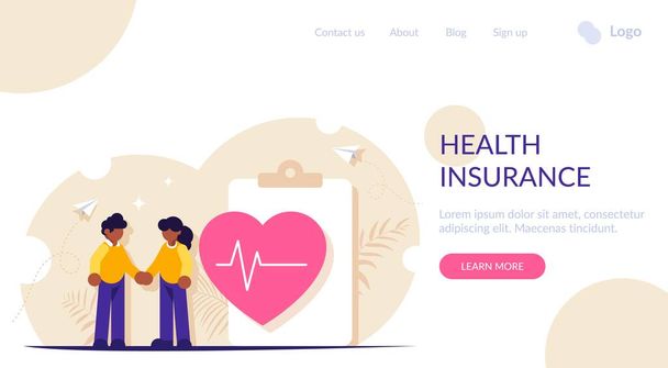 Health insurance is a concept. People stand next to a medical form and a big heart with a rate. Modern flat vector illustration. Landing web page template. - Vector, Image