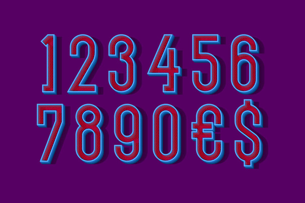 Volumetric blue numbers and currency signs with red diagonal hatching inside. 3d display font. - Vector, Image