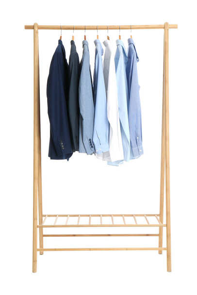 Rack with stylish shirts isolated on white - Foto, afbeelding