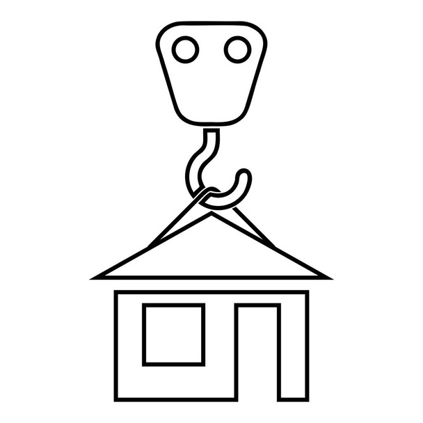 Jeřáb hák zvedá domů Drží střechu domu ikona obrys černá barva vektor ilustrace plochý styl jednoduchý obrázek - Vektor, obrázek