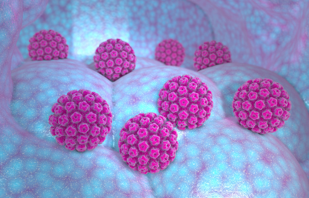 Ihmisen papilloomavirusinfektio. Virusta. HPV on yleisin sukupuoliteitse tarttuva infektio maailmanlaajuisesti. HPV-infektion aiheuttaa ihmisen papilloomavirus, DNA-virus papilloomavirusperheestä, 3d renderöinti
 - Valokuva, kuva