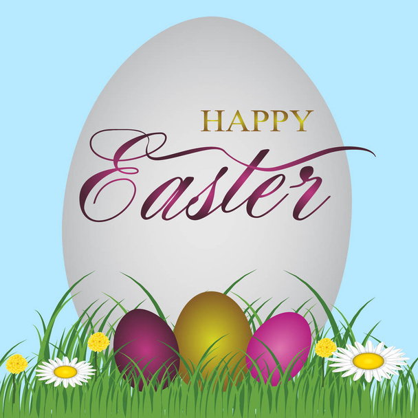 Kellemes húsvéti kézírásos kalligráfiát színes tojásokkal és fűvel. Vektorillusztráció. - Vektor, kép