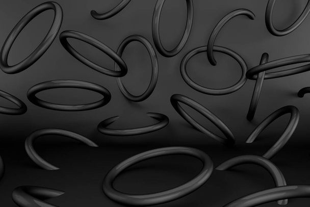 3D καθιστούν μαύρα δαχτυλίδια torus σε μαύρο φόντο. Αφηρημένα γεωμετρικά σχήματα. Μινιμαλιστική έννοια - Φωτογραφία, εικόνα