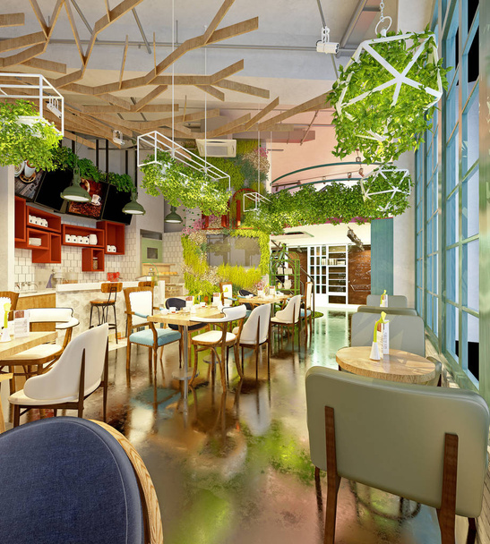 3D-Darstellung des Interieurs des Cafés Restaurant - Foto, Bild