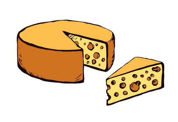 Leckeres gesundes holländisches Brie-Segment vor hellem Hintergrund. Freihändige Umrisse schwarzer Tinte handgezeichnet französischer Käse Emblem Design in Retro-Art-Doodle-Druckstift auf Papier Textfläche gravieren. Nahaufnahme - Vektor, Bild