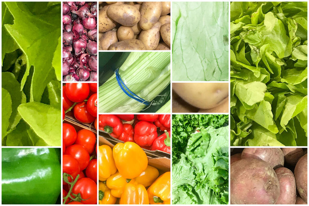 Collage di foto con verdure biologiche sane. Raccolta di sani sfondi alimentari freschi.  - Foto, immagini
