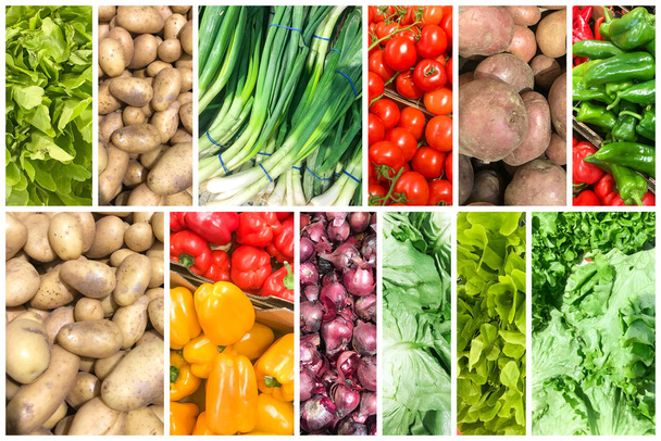Колаж з фотографій зі здоровими органічними овочами. Колекція здорових свіжих продуктів харчування
.  - Фото, зображення