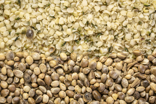 dry hemp seed and hearts closeup background, superfood concept - 写真・画像