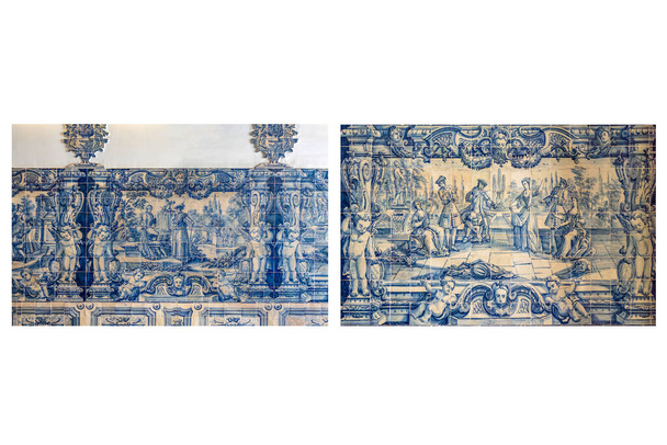 Вид на плиточное панно XVIII века, изображающее галантные сцены дворянства, у входа во дворец графов Азамбужа в Байрру-Алту, Лисбон, Португалия
 - Фото, изображение