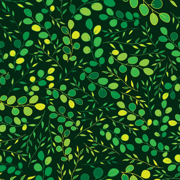 緑は花のシームレスなパターンと背景を残します。エレガントな植物の背景。現代的なものだ。クラフト紙穏やかな葉、枝漫画のイラスト。壁紙、織物、布、包装のためのデザイン. - ベクター画像