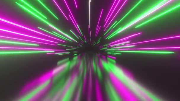 Világító neonvonalakkal repül az űrben. Hipertér. Modern fényspektrum. Zöld lila szín. Zökkenőmentes hurok 3d render - Felvétel, videó