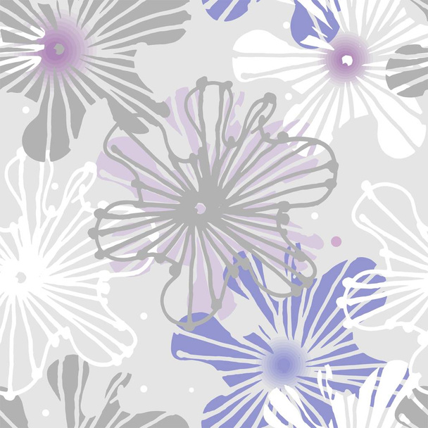 Malvenblüten handgezeichnet in weiß, grau und lila ein nahtloses Muster auf hellgrauem Hintergrund. - Vektor, Bild