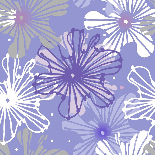 Malvenblüten von Hand gezeichnet in weiß, grau und lila ein nahtloses Muster auf violettem Hintergrund. - Vektor, Bild