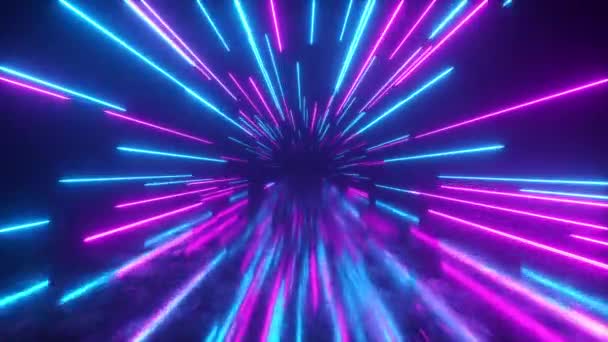 Világító neonvonalakkal repül az űrben. Hipertér. Modern ultraibolya fényspektrum. Kék lila szín. Zökkenőmentes hurok 3d render - Felvétel, videó