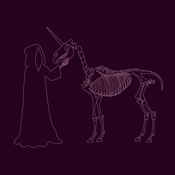 Линия искусства с мрачным жнецом гладить скелет единорога на фиолетовом фоне
 - Вектор,изображение