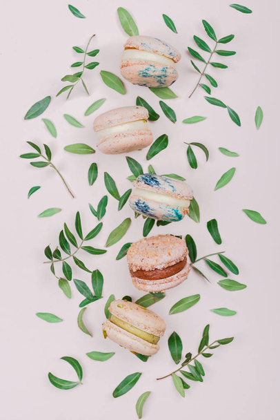 Assorted macaroons on pastel beige background with green leaves. Creative and moody picture. - Φωτογραφία, εικόνα