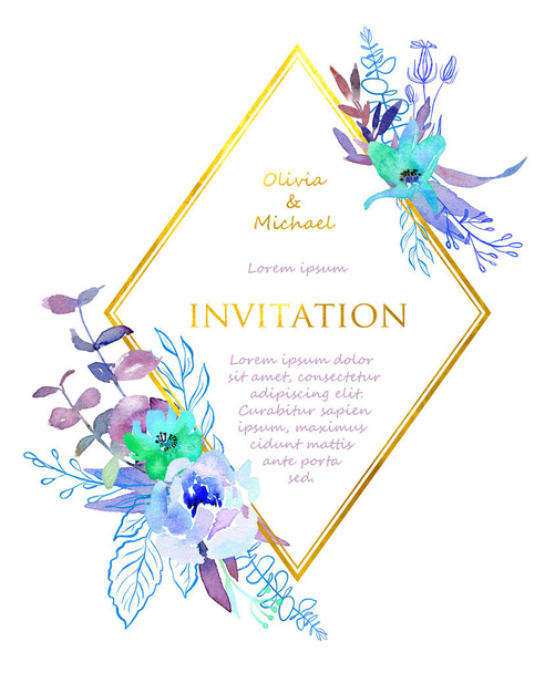 Wedding Invitation, floral invitation card. Design with blue flowers, leaves, eucalyptus, geometric golden border hexagonal print. Watercolor elegant stylish invitation. - Photo, Image