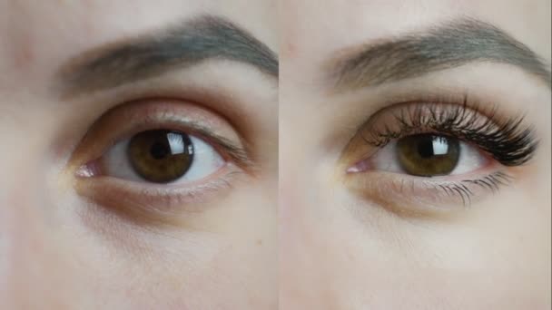 Kirpik Uzantısı. Öncesinde ve sonrasında kadın gözlerinin karşılaştırılması. bölünmüş ekran video. 4k. - Video, Çekim